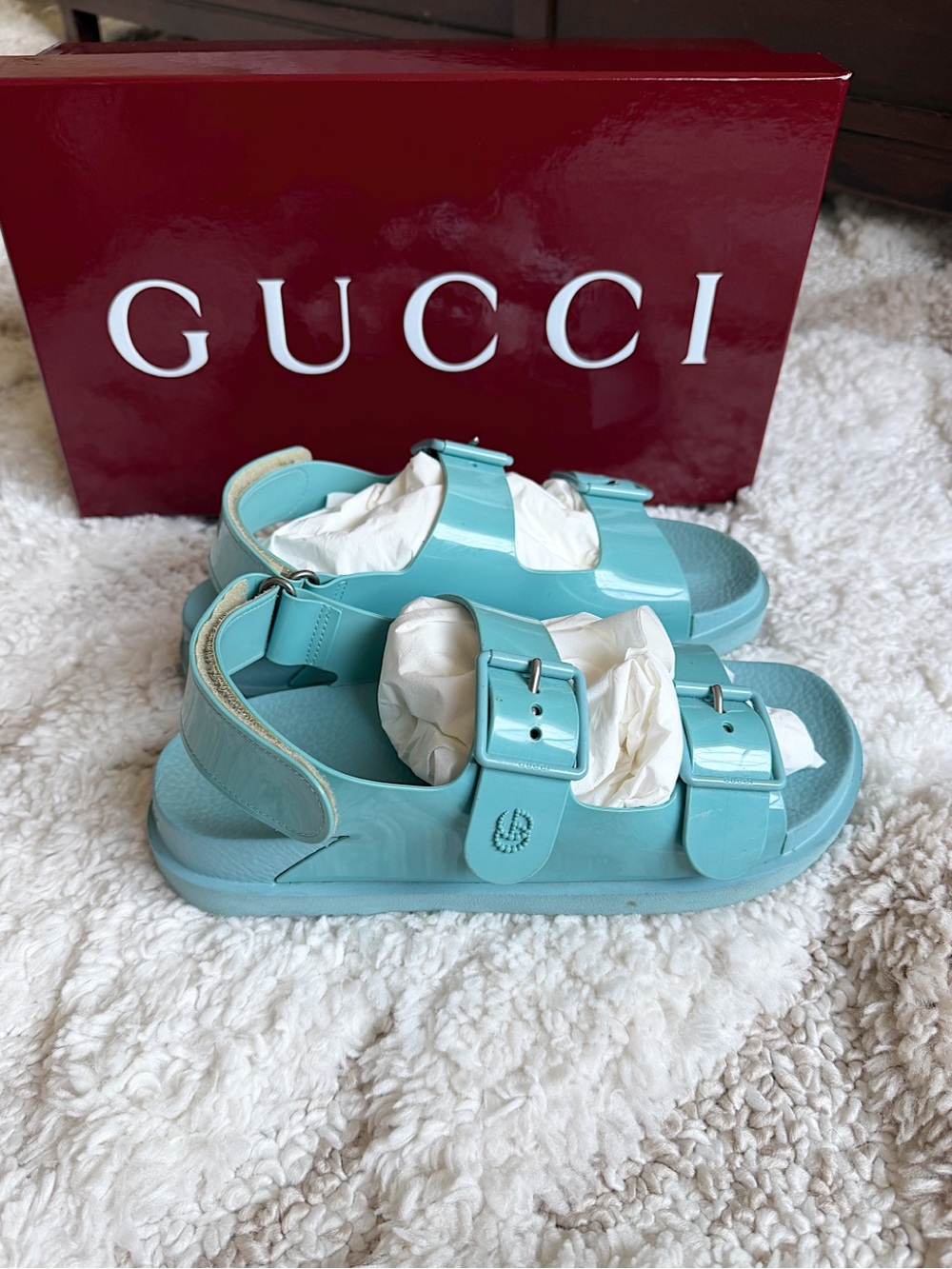 Gucci rubber GG blur turquoise dad platform sandals 39